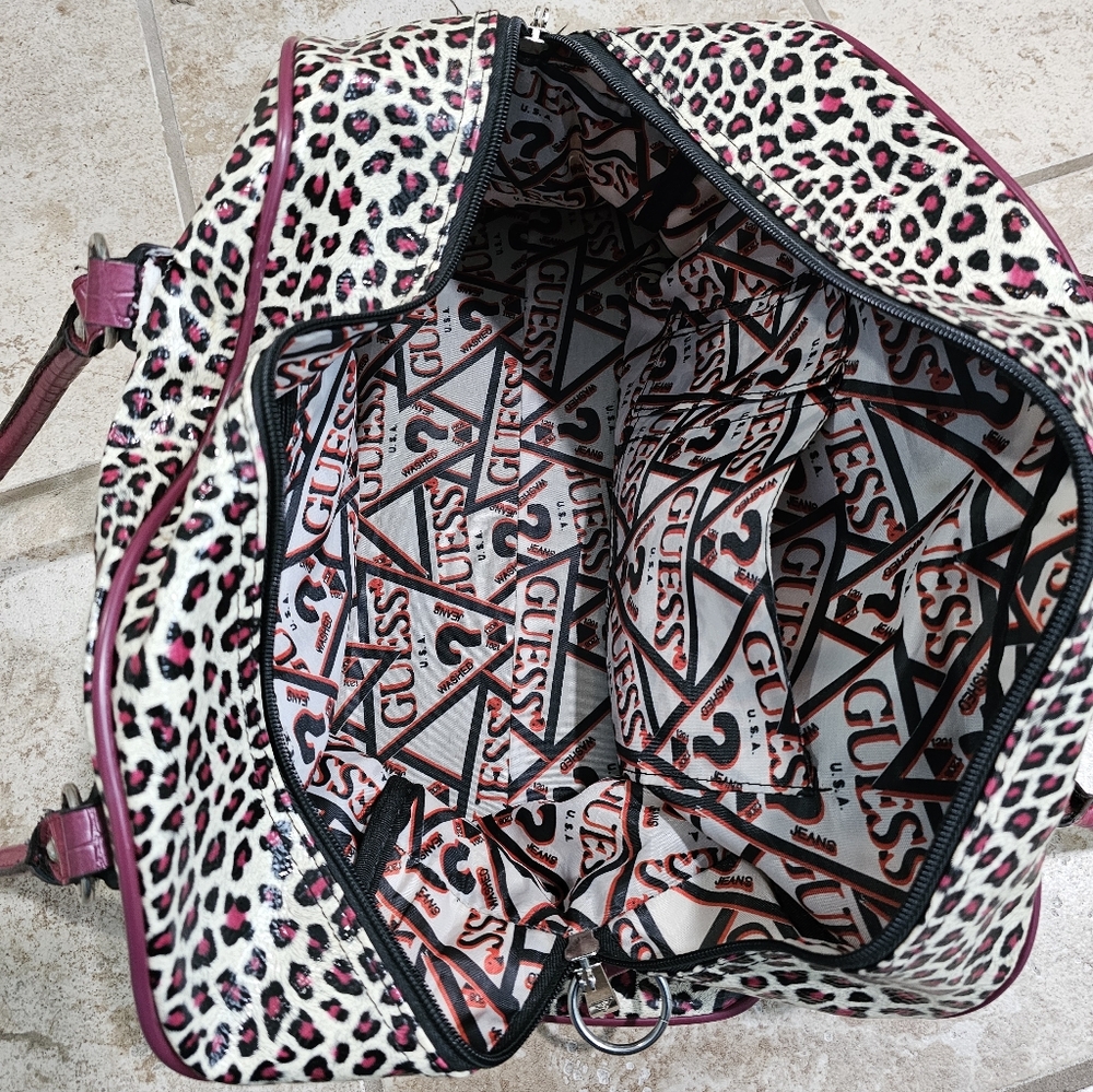 Guess Leopard Print Duffel Bag Burgundy Faux Croc Trim Bow Y2K Handbag Rare HTF - Picture 9 of 10